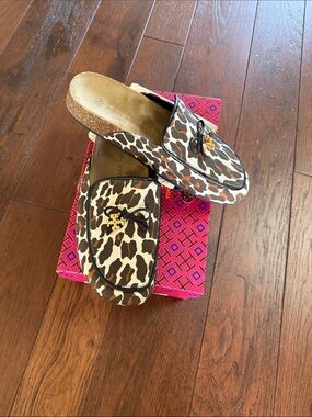 Tory Burch Reva Leopard-Print Slip-On Mules with Gold Charm